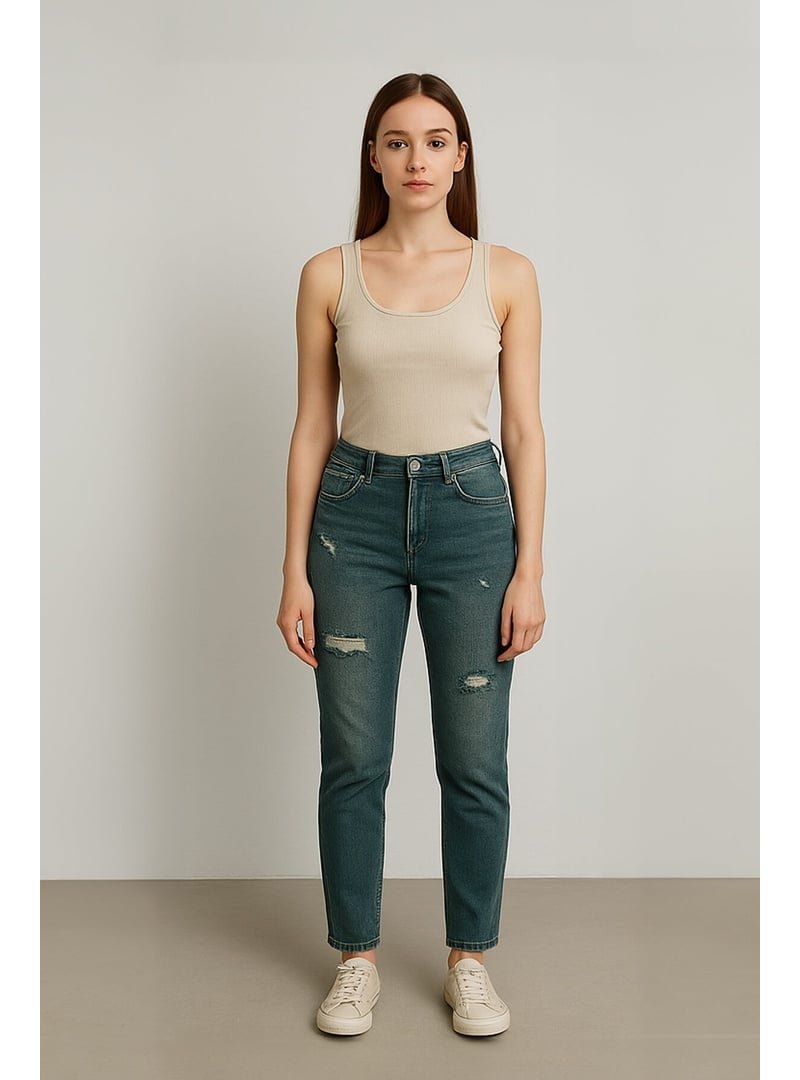 Blue White Haki Yırtık Deyaylı Likralı Jean Pantolon