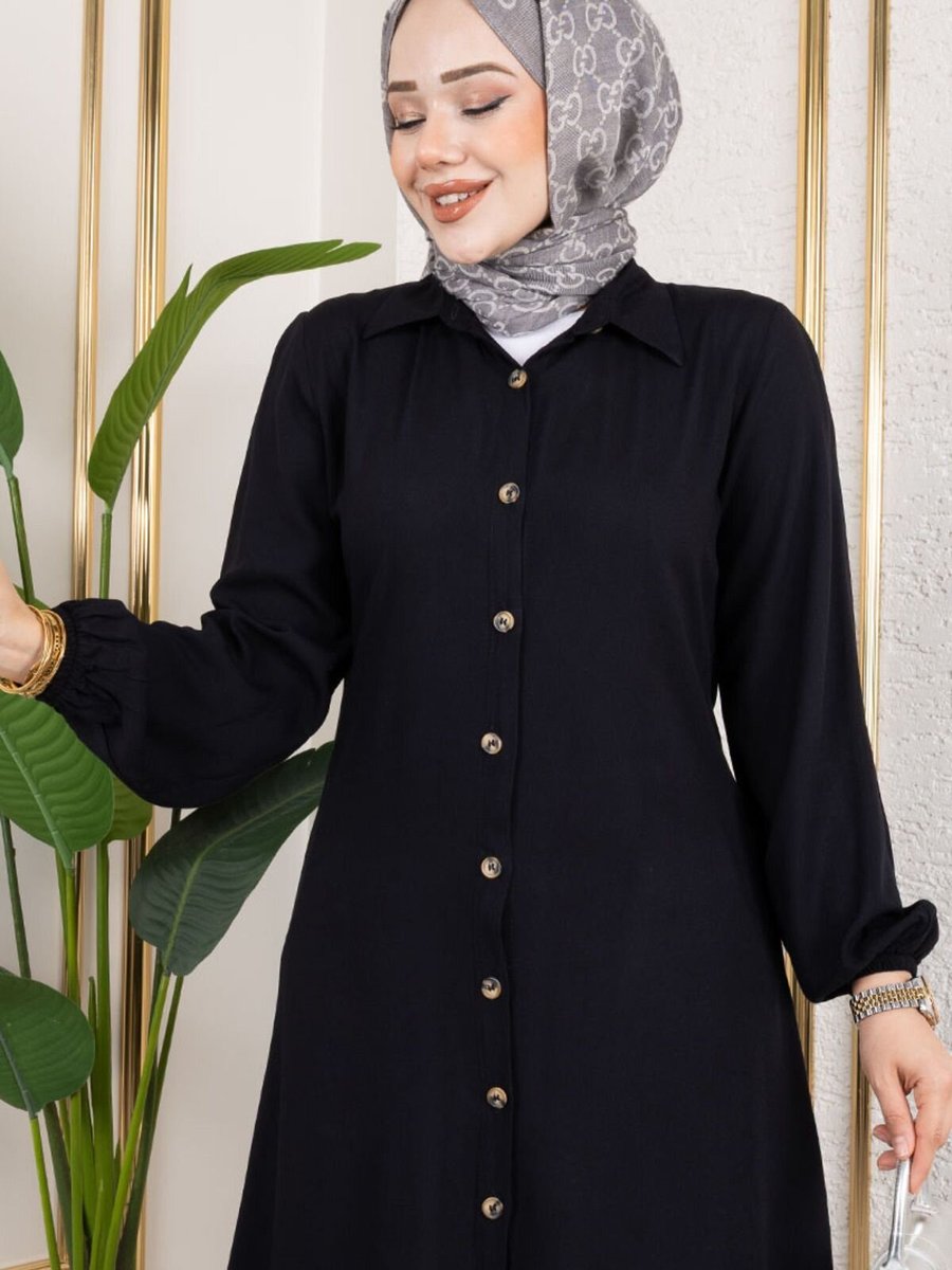 Mec Fashion Siyah Manşeti Lastikli Viskon Tunik