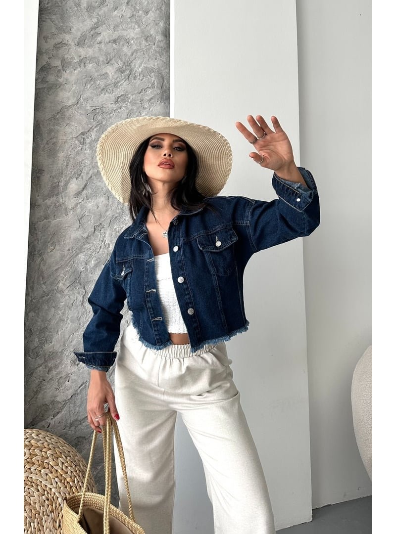 Destemoda Koyu Mavi Çift Kapaklı Lazer Kesim Crop Kot Ceket