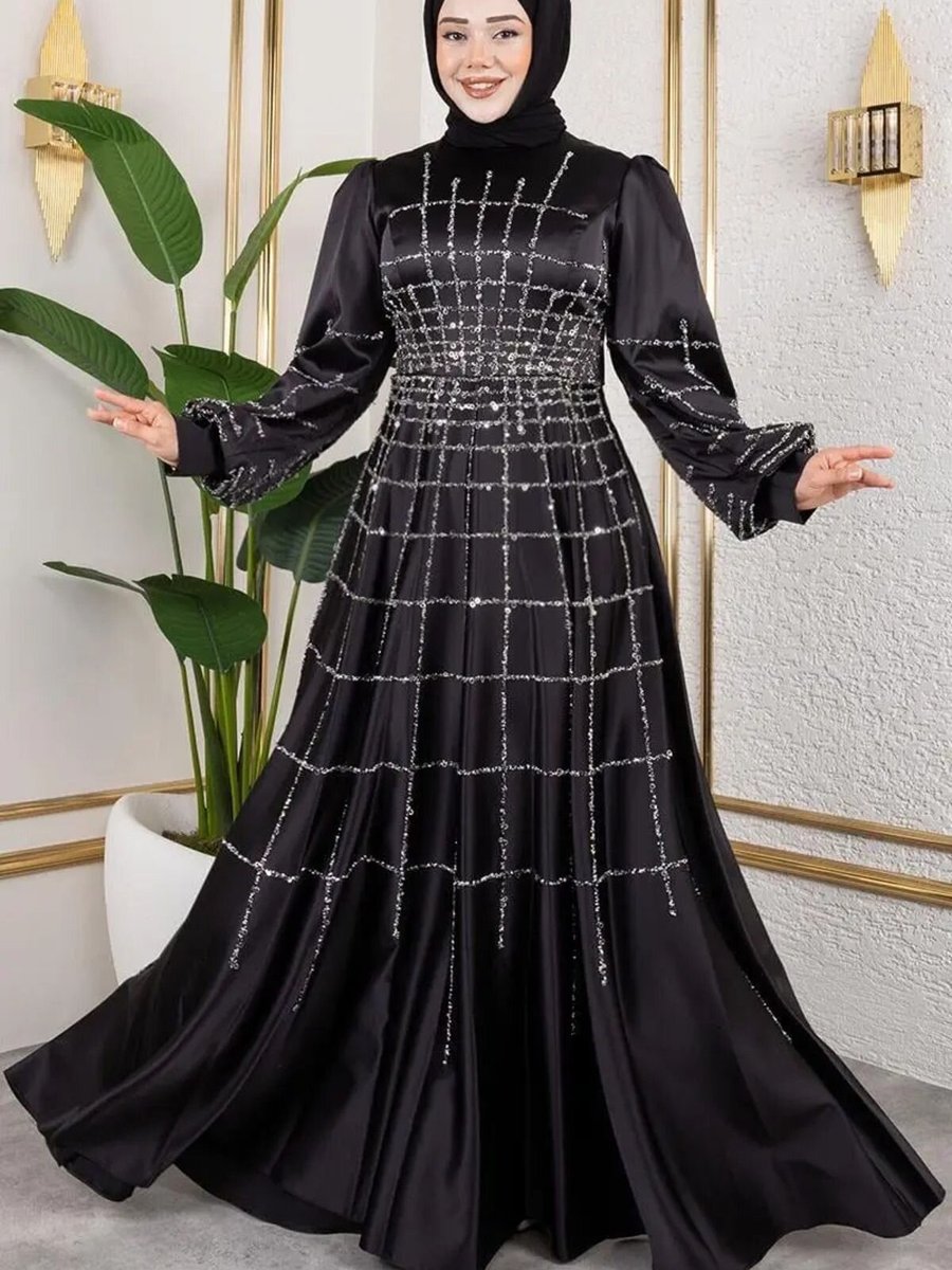 Mec Fashion Siyah Kafes Model Saten Abiye Elbise