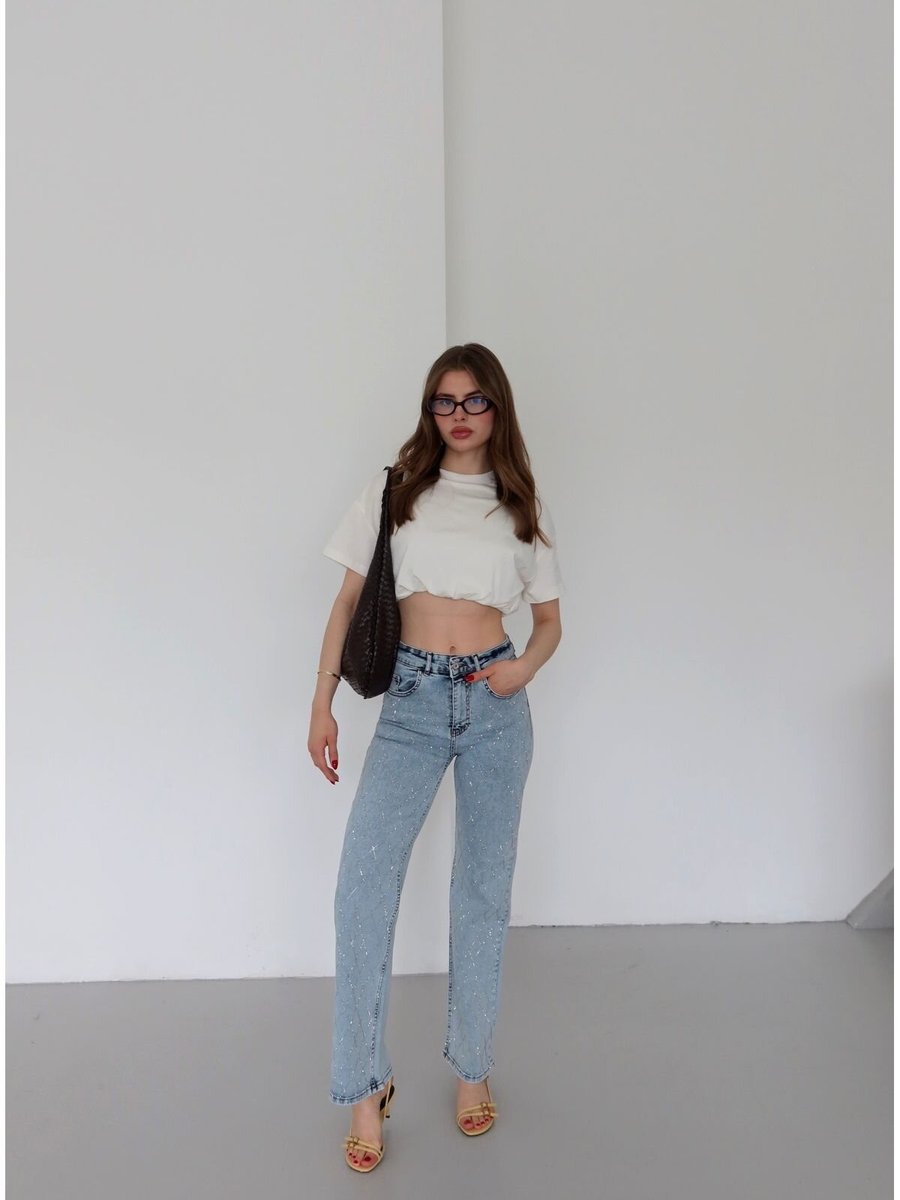 LOISY Buz Mavi Renk Loose Fit Önü Starlight Parlak Taşlı Tasarım Denim