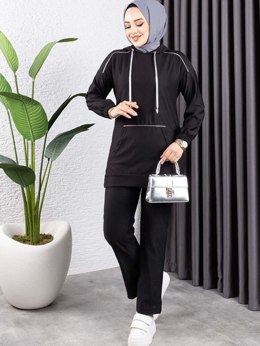 Mec Fashion Siyah Biyeli Kapüşonlu Spor İkili Takım