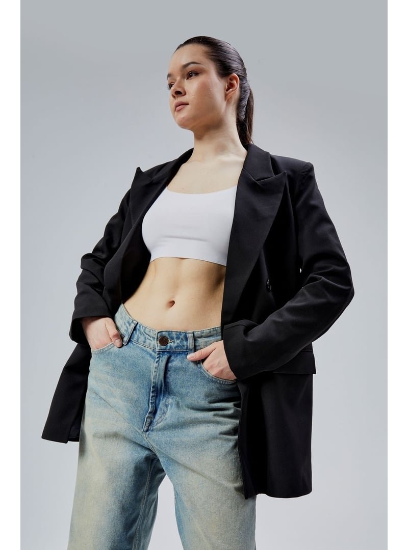 Bolivente Regular Astarlı Kruvaze Kapama Dokuma Oversize Blazer Ceket Siyah