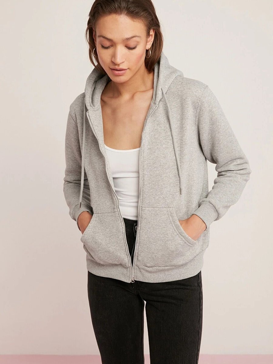 Swana Gri Kapüşonlu Fermuarlı Üç İplik Polar Oversize Salaş Sweatshirt