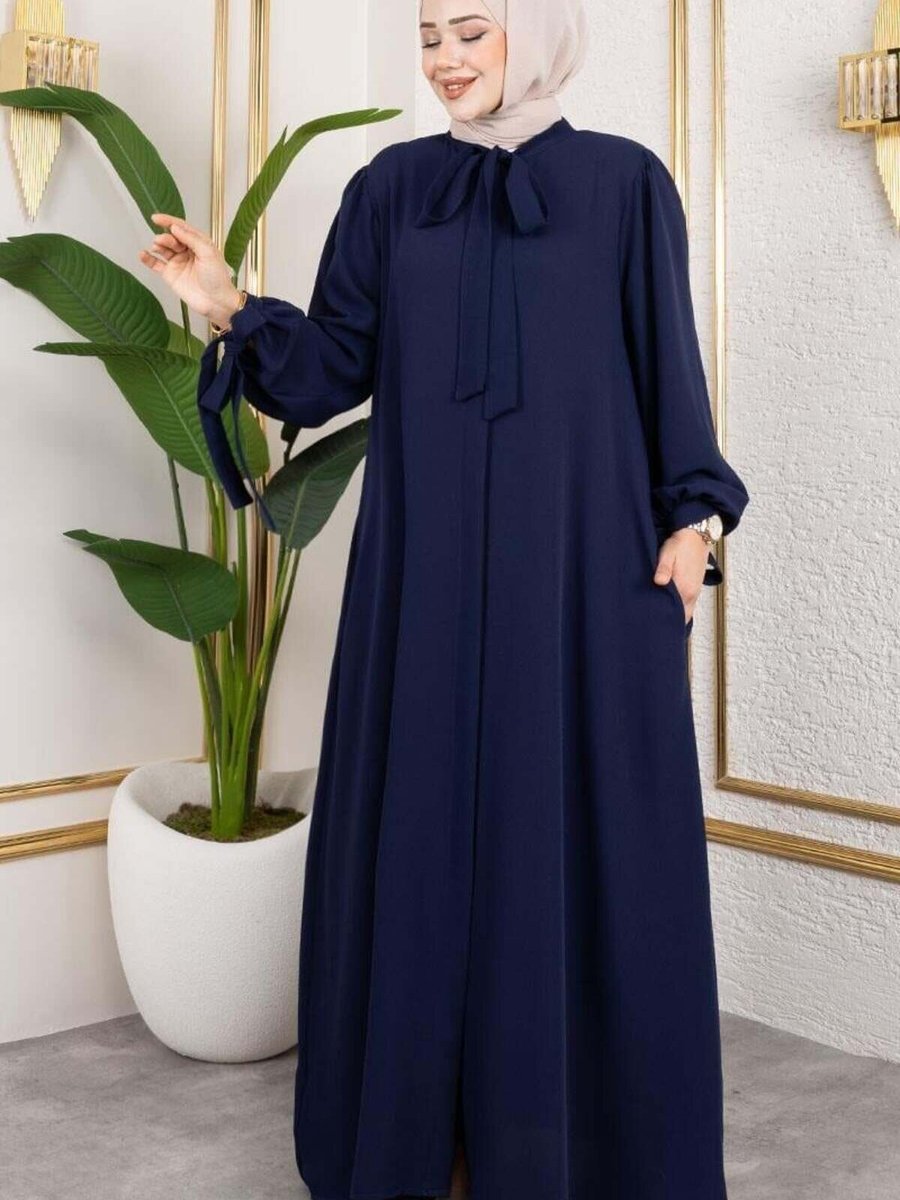 Mec Fashion Lacivert Manşeti Bağcıklı Elbise Ferace