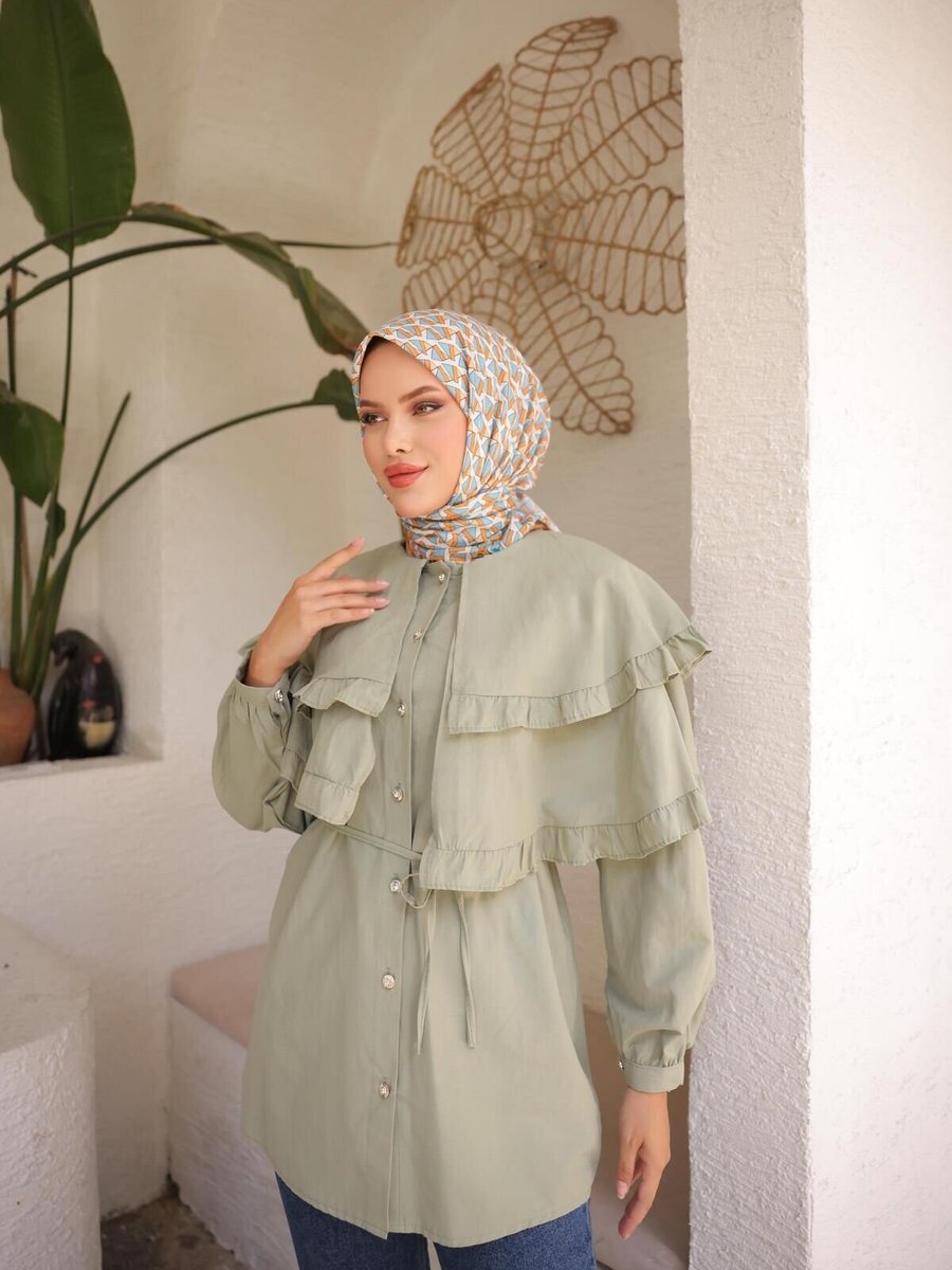 Nergis Neva Butik Yeşil Çift Pelerinli Beli Bağlamalı Tunik