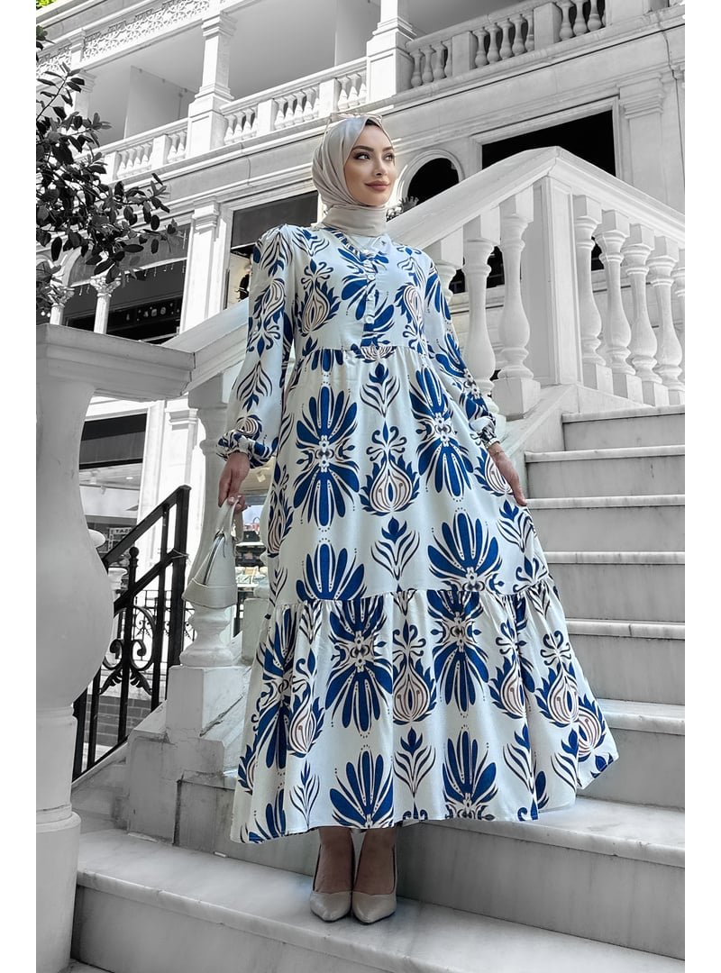 Liz Butik Mavi Bohem Desenli Viskon Elbise