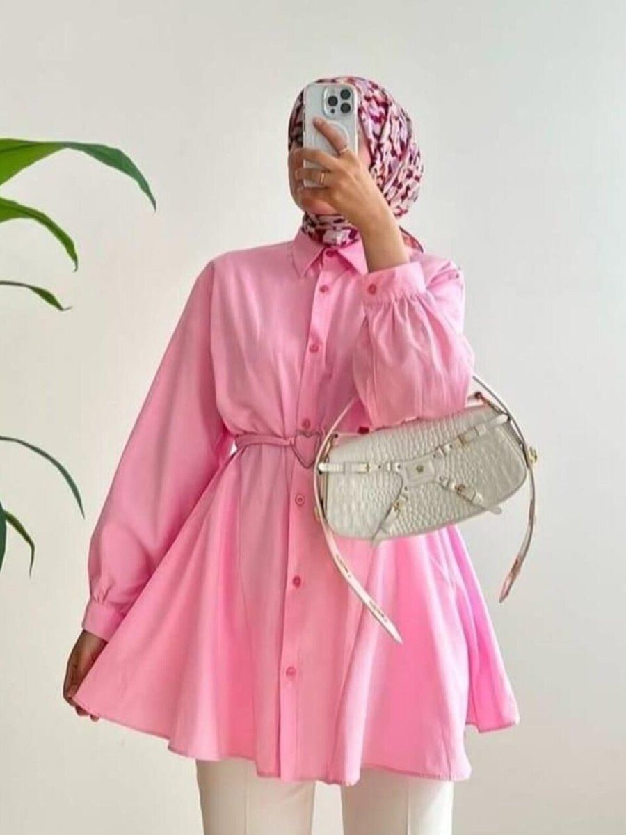 Nergis Neva Butik Pembe Kalp Tokalı Kemerli Tunik