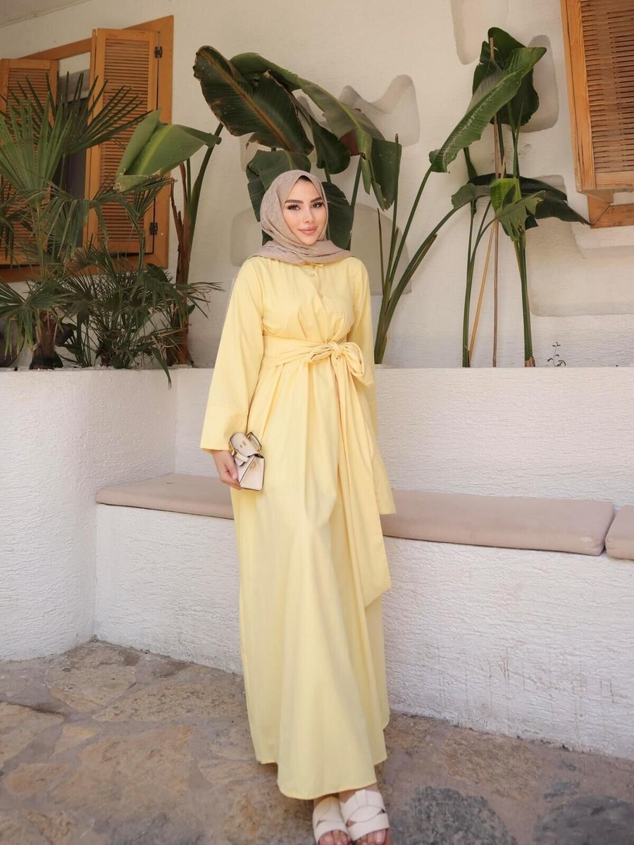 Nergis Neva Butik Sarı Önü Çapraz Belden Bağlamalı Elbise