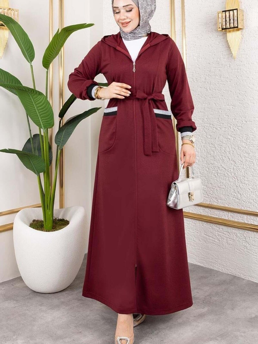 Mec Fashion Bordo Kapüşonlu Ribanalı Ferace