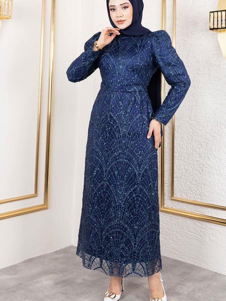 Mec Fashion Lacivert Afilli Simli Kalem Abiye Elbise