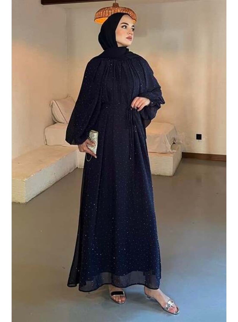 Podyumplus Lacivert Taşlı Şifon Elbise
