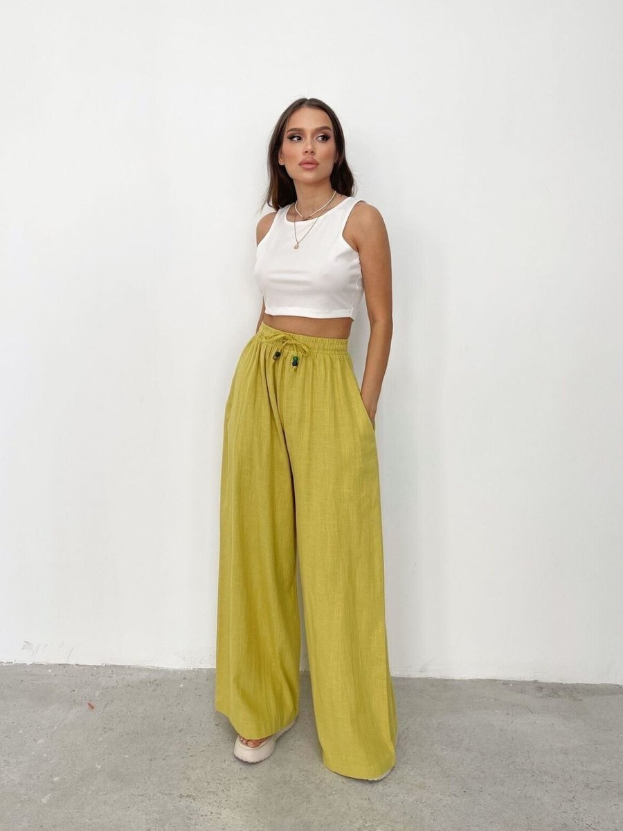 İLKCET MODA Hardal Boncuklu Oversize Keten Pantolon