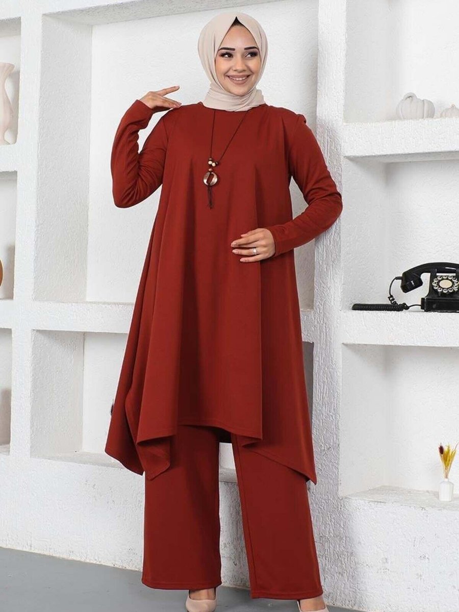 Mec Fashion Kiremit Kolyeli Yırtmaç Detaylı İkili Takım