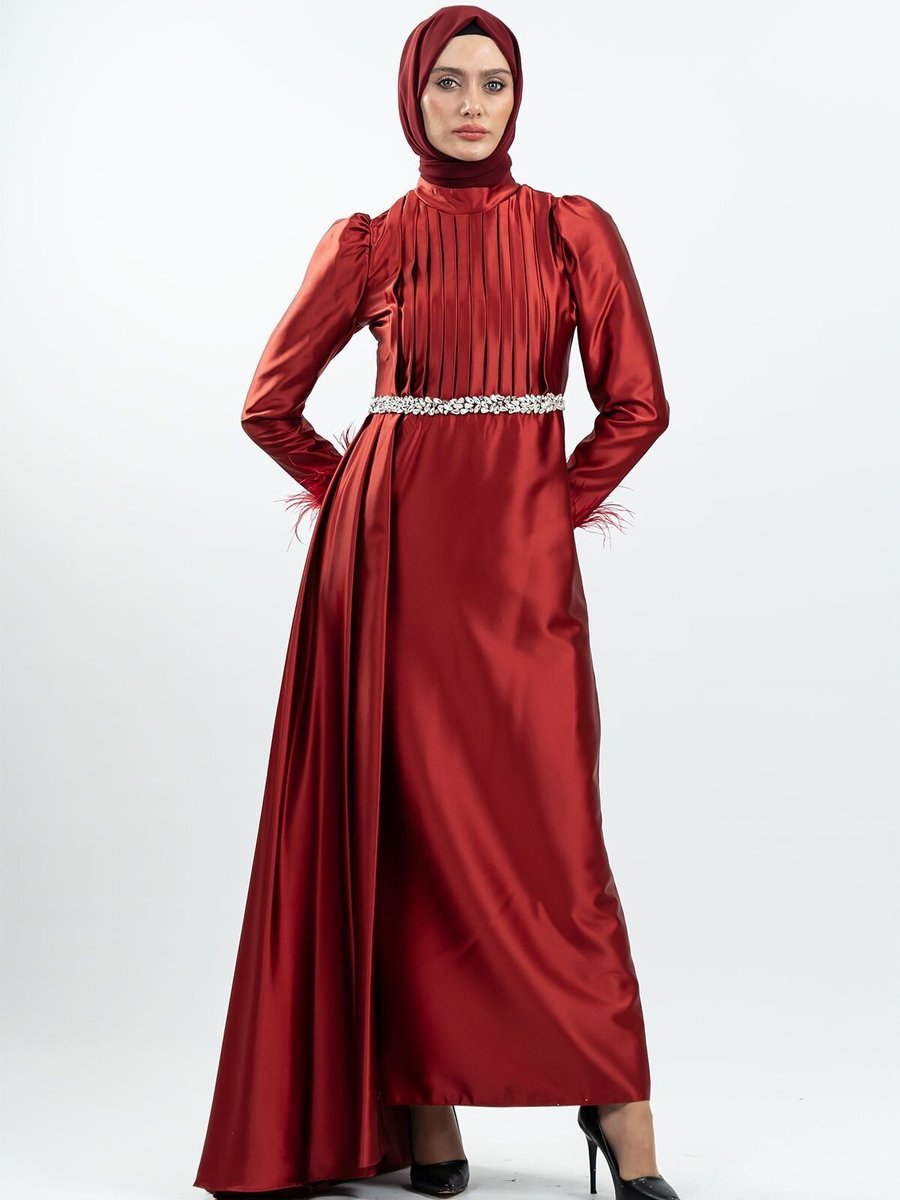 Mec Fashion Bordo Taşlı Saten Abiye Elbise