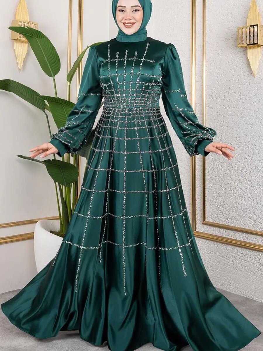 Mec Fashion Zümrüt Yeşili Kafes Model Saten Abiye Elbise