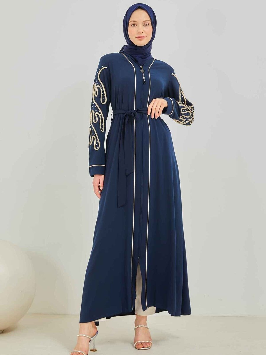 Mec Fashion Lacivert Özel Tasarım İnci Detaylı Abaya