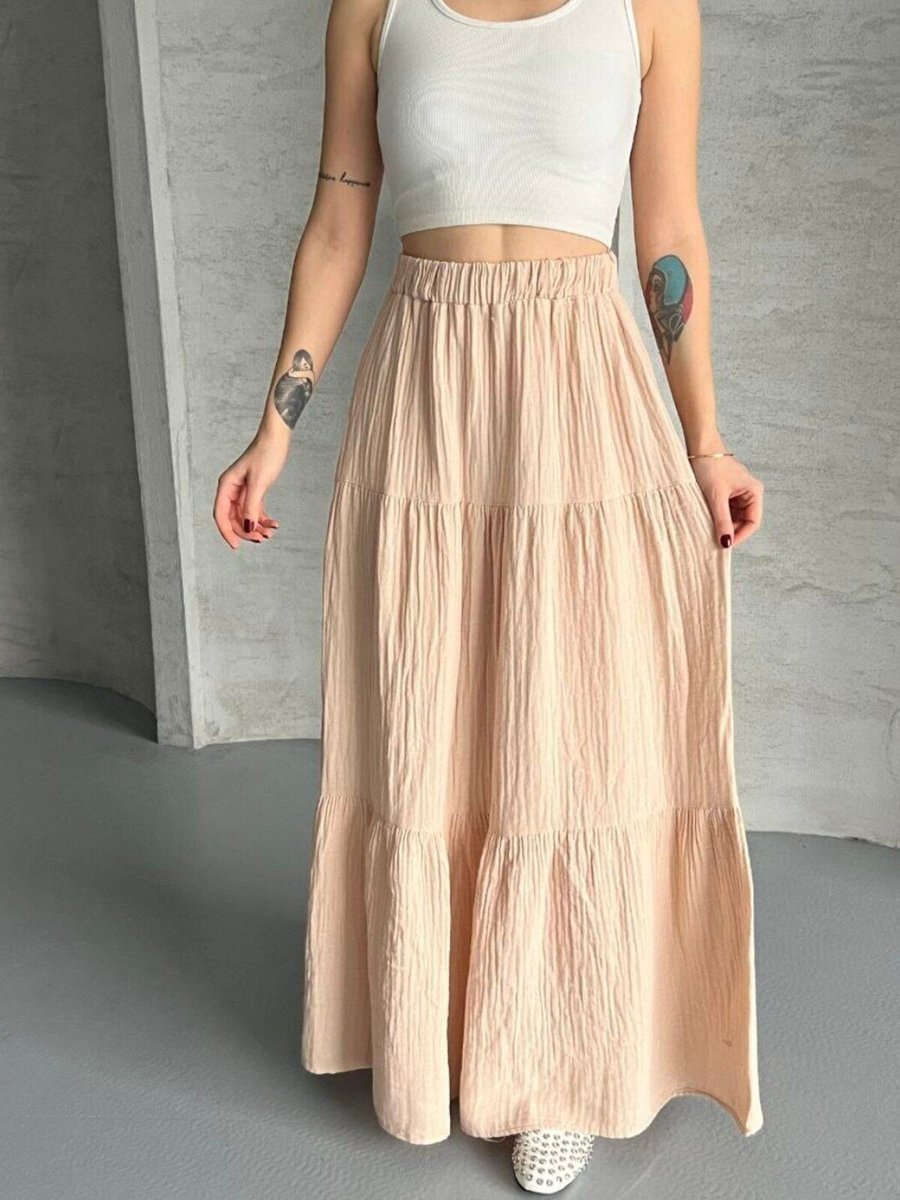 İLKCET MODA Bej Uzun Büzgülü Katlı Müslin Kumaş Etek
