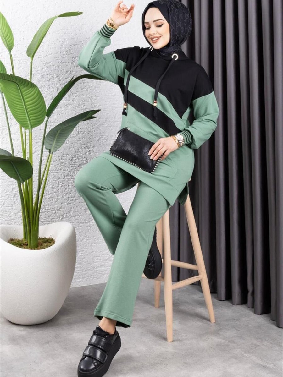 Mec Fashion Mint Siyah Çapraz Garnili Ribanalı Spor İkili Takım