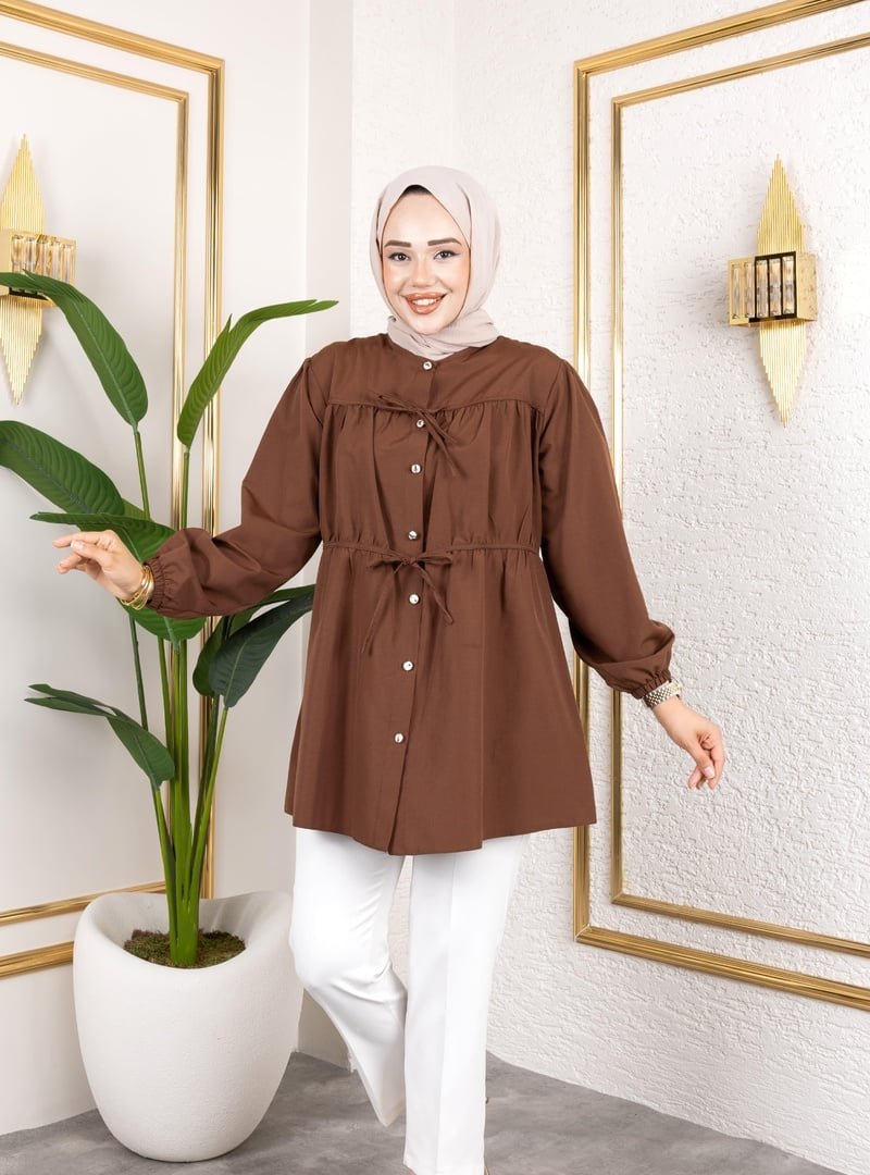 Harmatime butik Düğmeli Bağlamalı Kahverengi Gömlek