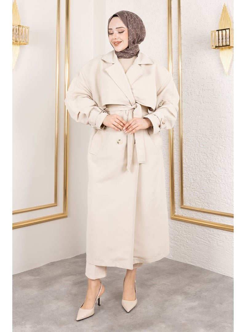 Tesettür Dünyası Taş Rengi Ekstra Oversize Trençkot