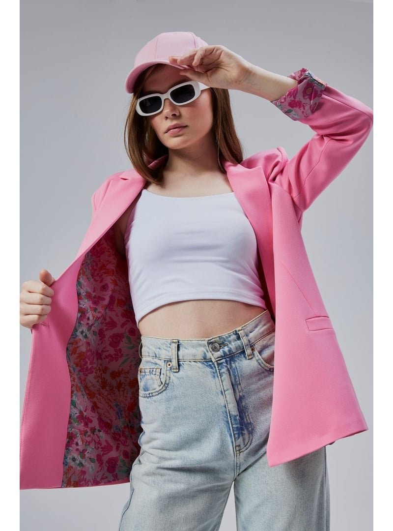 Bolivente Kruvaze Yaka Kolu Katlama Detaylı Regular Vatkalı Blazer Ceket Pembe