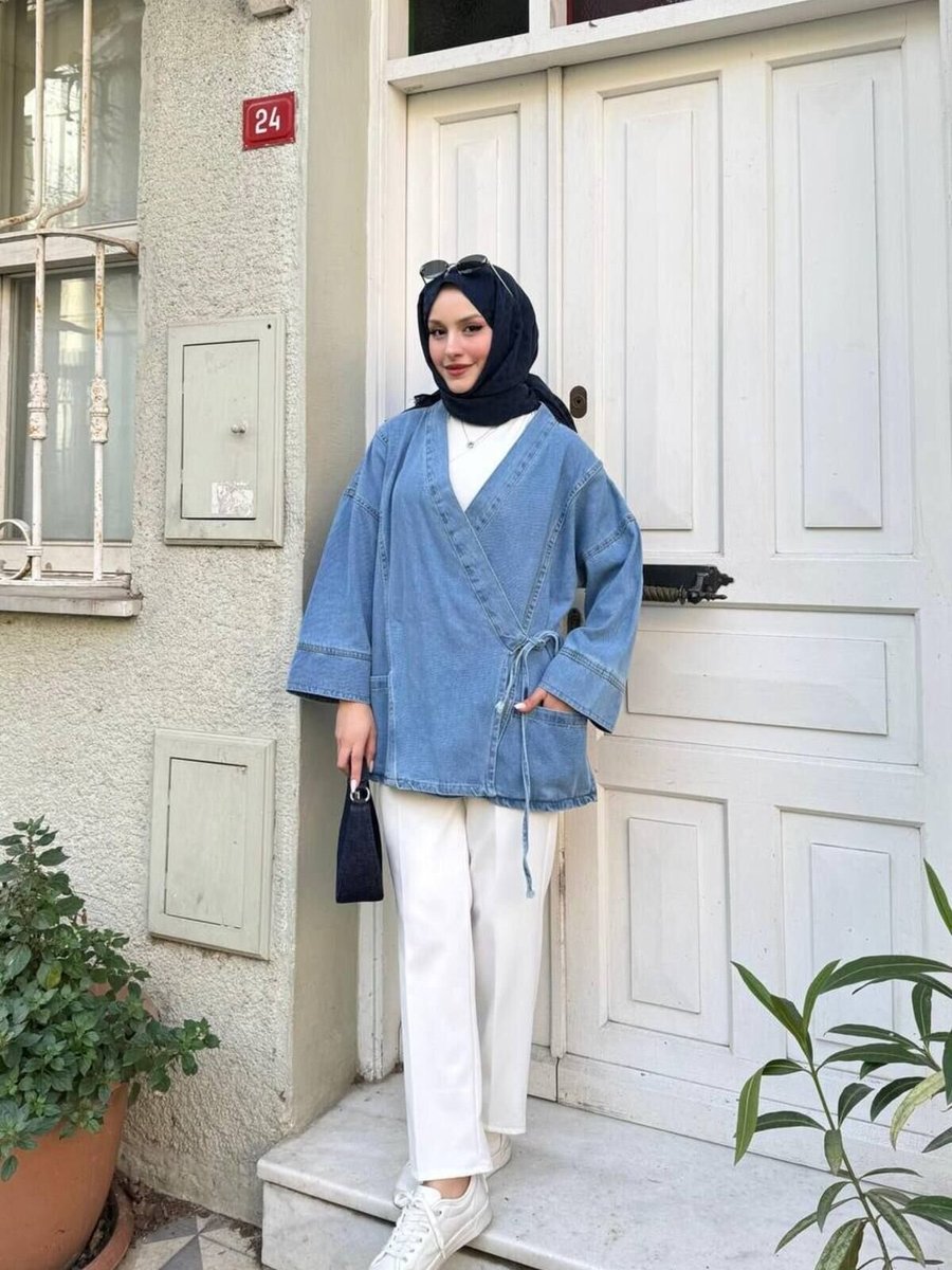 İLKCET MODA Açık Mavi Yan Bağlama Oversize Kot Ceket