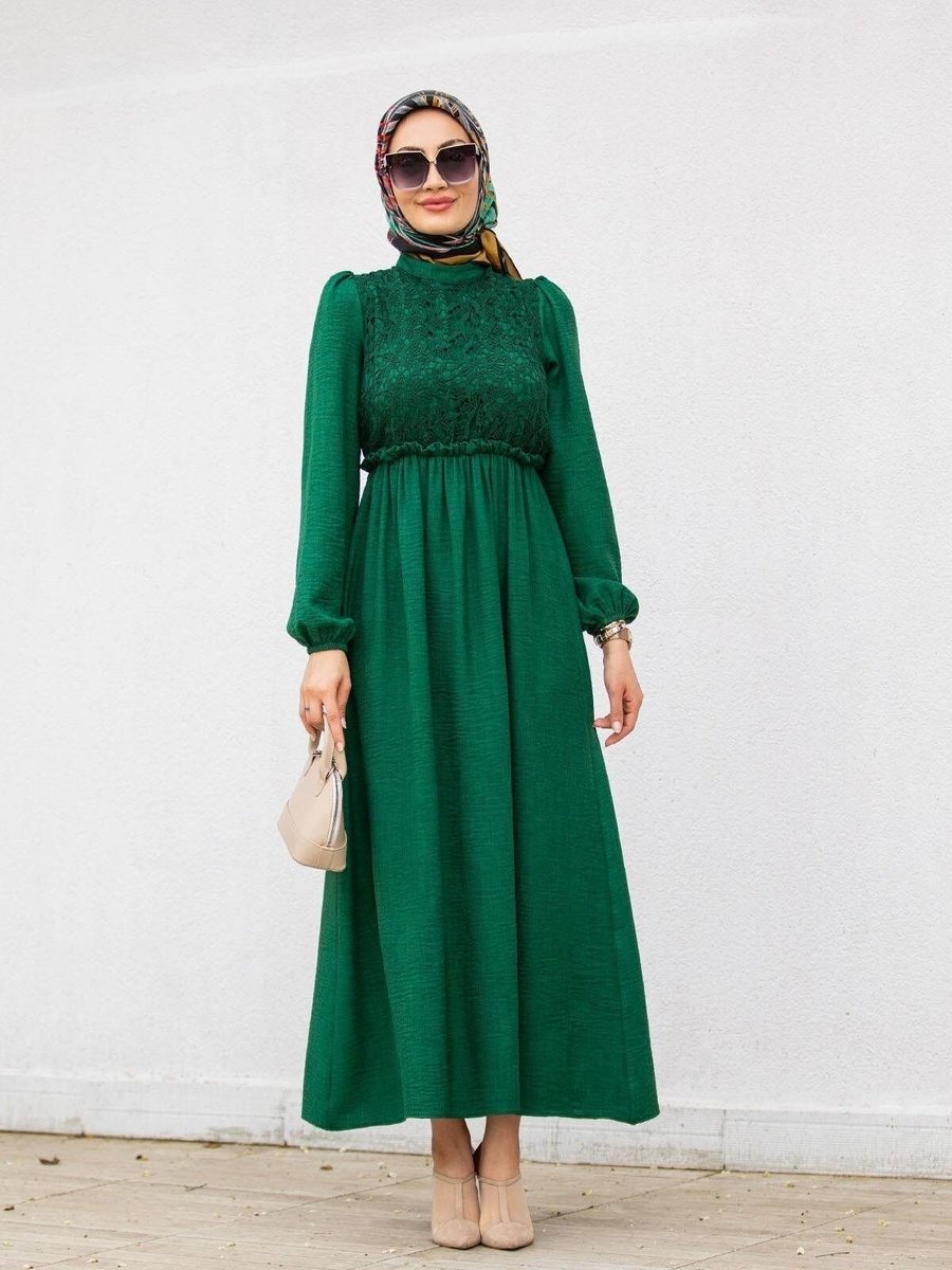 Swana Zümrüt Dantelli Robalı Keten Elbise