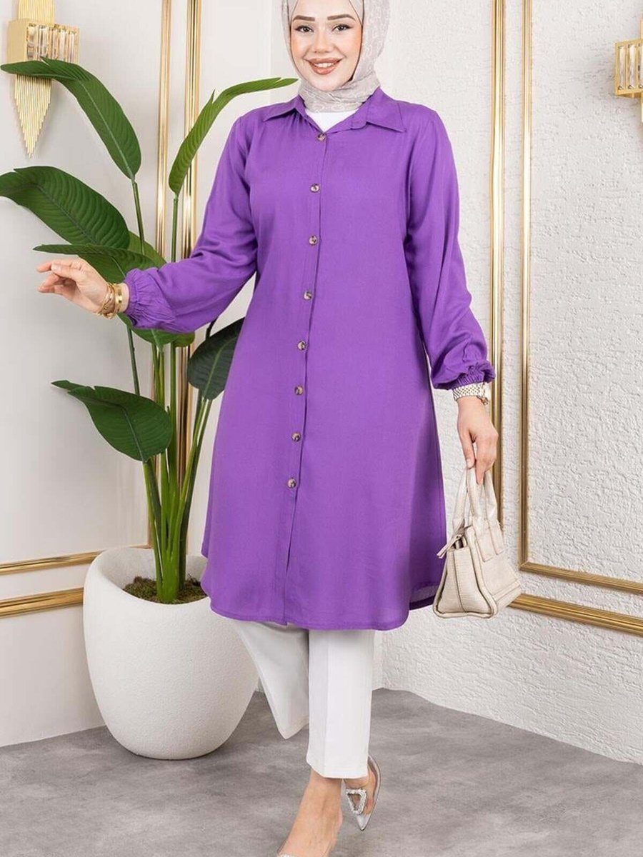 Mec Fashion Lila Manşeti Lastikli Viskon Tunik