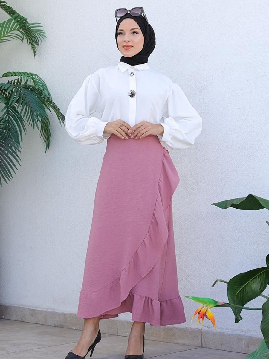 Mec Fashion Gül Kurusu Uzun Fırfırlı Tasarım Etek