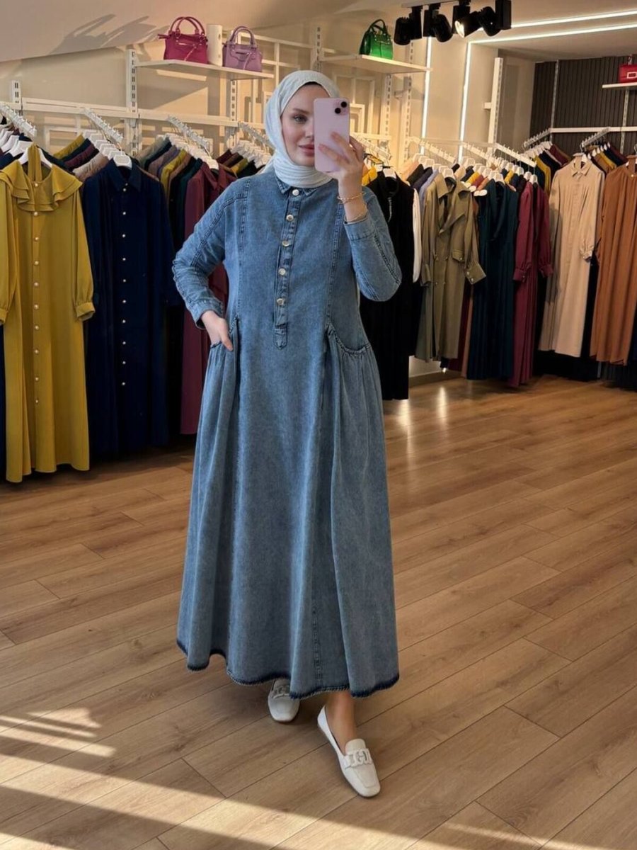 OlaLady Mavi Cepleri Büzgülü Kot Elbise