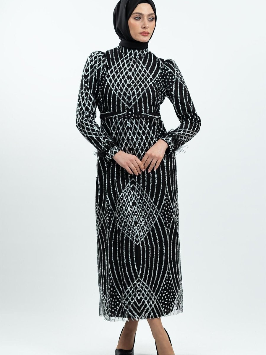 Mec Fashion Siyah Simli Tüy Detaylı Abiye Elbise