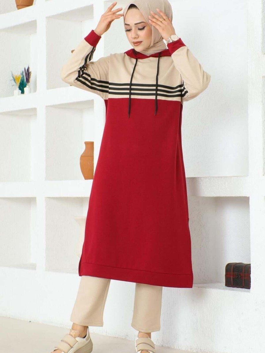 Mec Fashion Bordo Şeritli Yırtmaçlı Spor İkili Takım