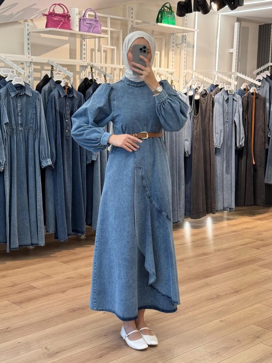 OlaLady Mavi Eteği Fırfırlı Volanlı Denim Kot Elbise
