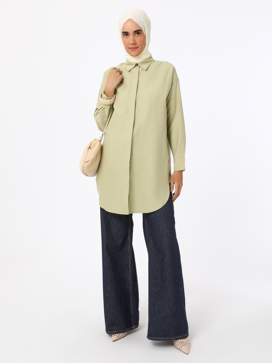 Refka Düğme Detaylı Poplin Tunik Yesil