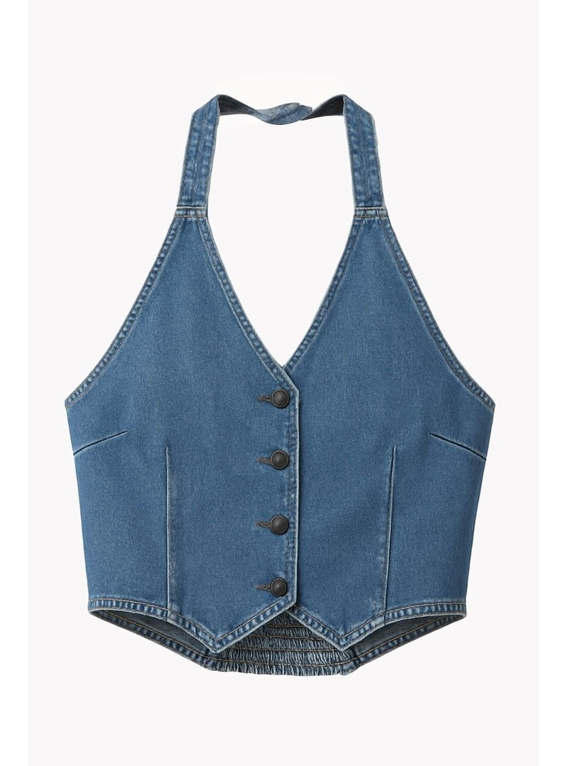 Blue White Açık Mavi Düğmeli Bağlamalı Crop Jean Büstiyer