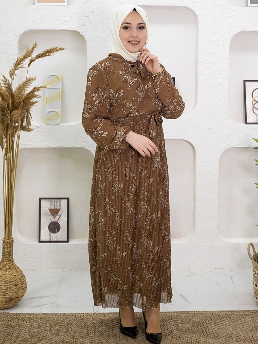Mec Fashion Kahverengi Çiçek Desenli Pileli Elbise