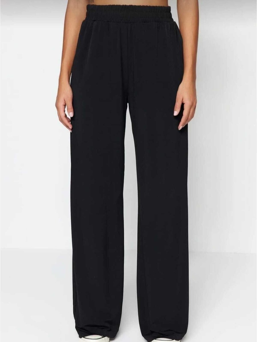 Charango Siyah Wide Leg/rahat Kesim Yüksek Bel Esnek Örme Sandy Geniş Paçalı Oversize Pantolon