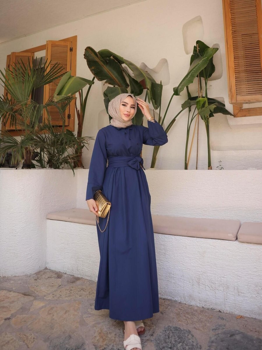 Nergis Neva Butik Lacivert Önü Çapraz Belden Bağlamalı Elbise