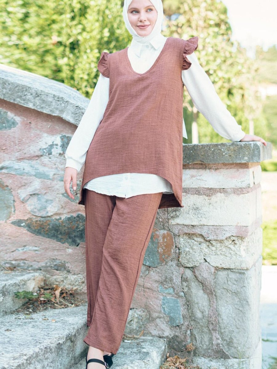 Mec Fashion Kahverengi Fırfırlı Üçlü Keten İkili Takım