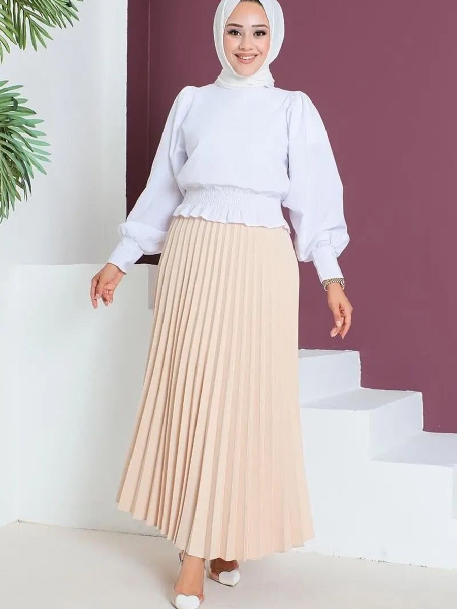 Mec Fashion Bej Uzun Piliseli Etek