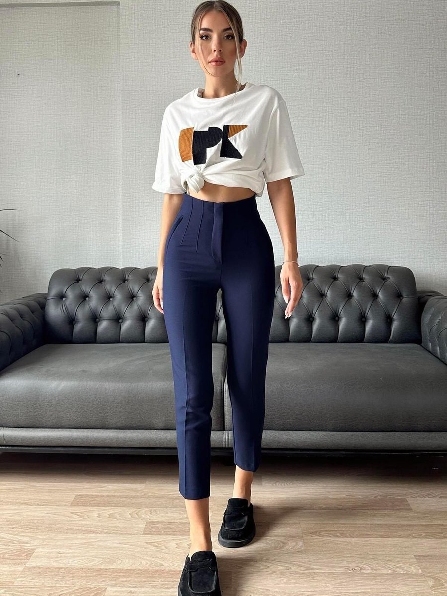Moda cameo Lacivert Yüksek Bel Fletolu Pantolon