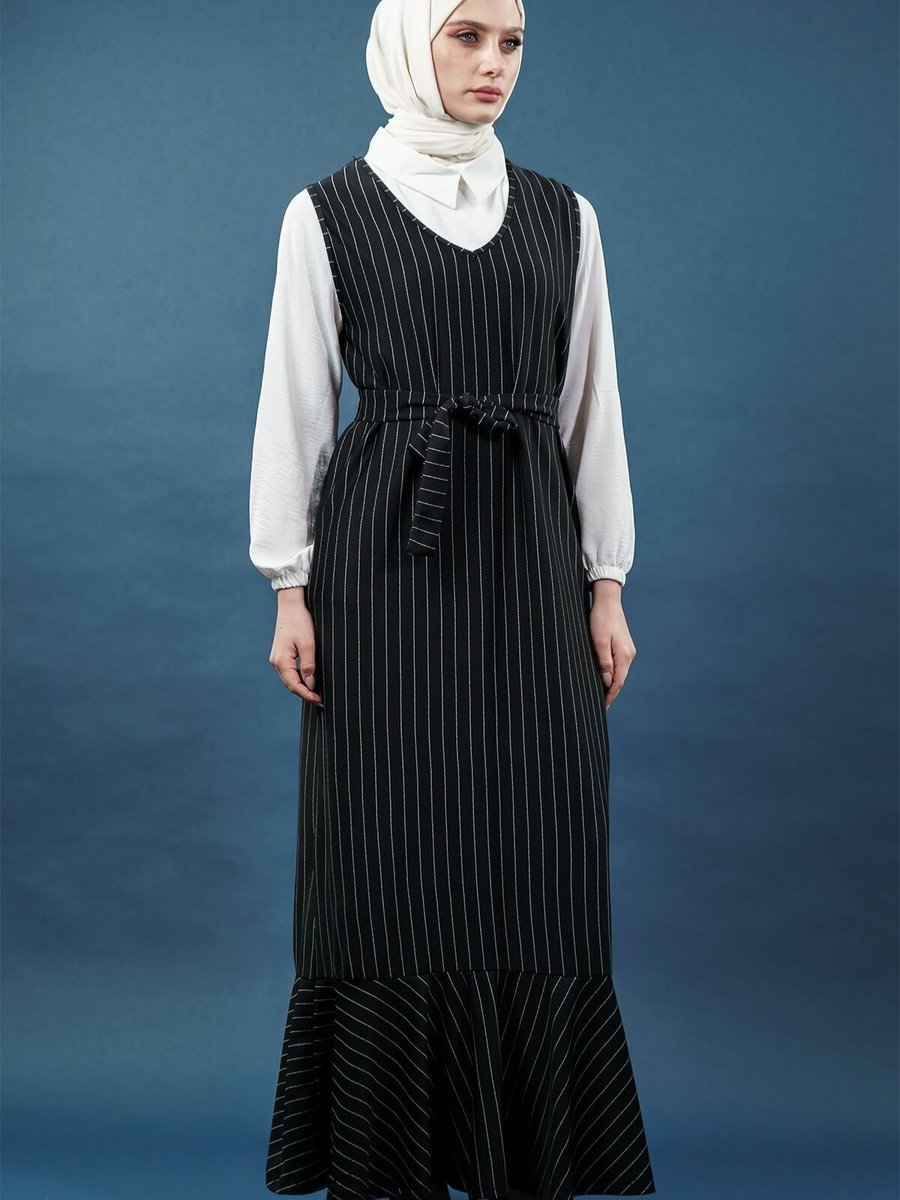Mec Fashion Siyah Çizgili li Jile Gömlek Elbise