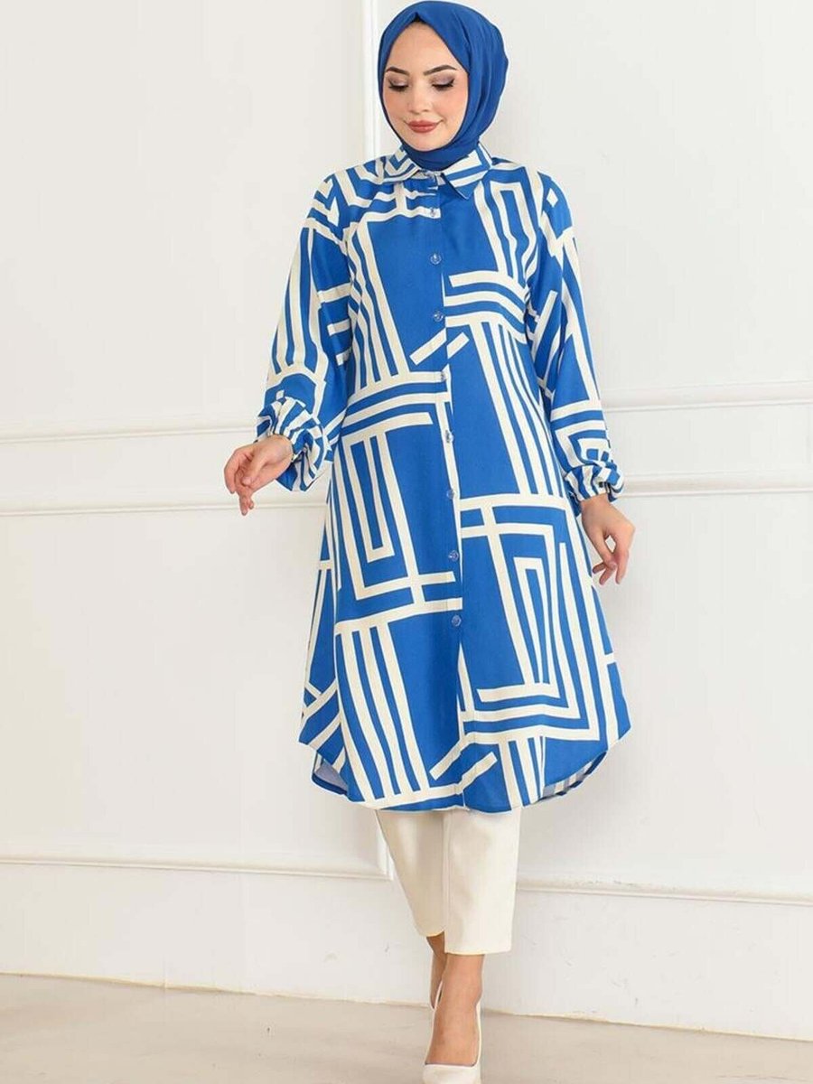 Mec Fashion Saks Mavisi Geometrik Desen Viskon Tunik