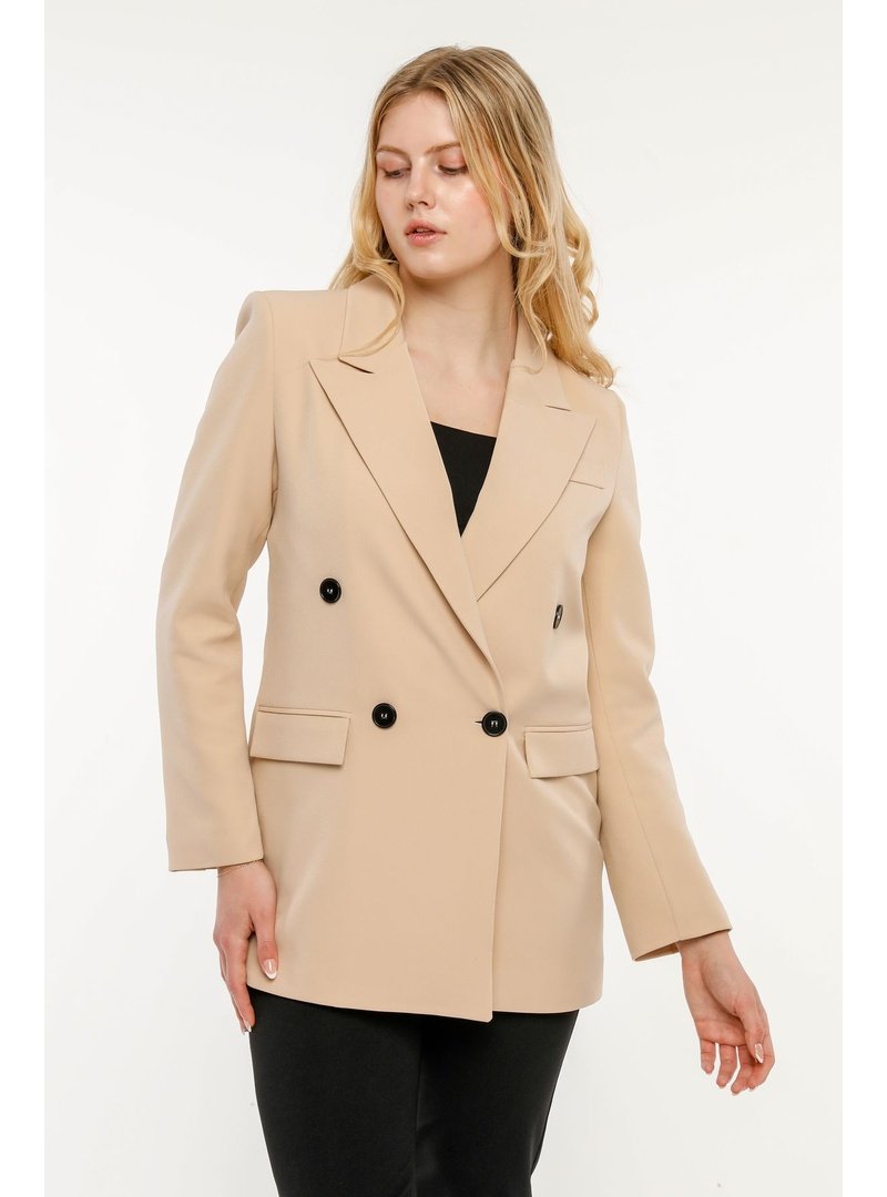 Bolivente Regular Astarlı Kruvaze Kapama Dokuma Oversize Blazer Ceket Bej