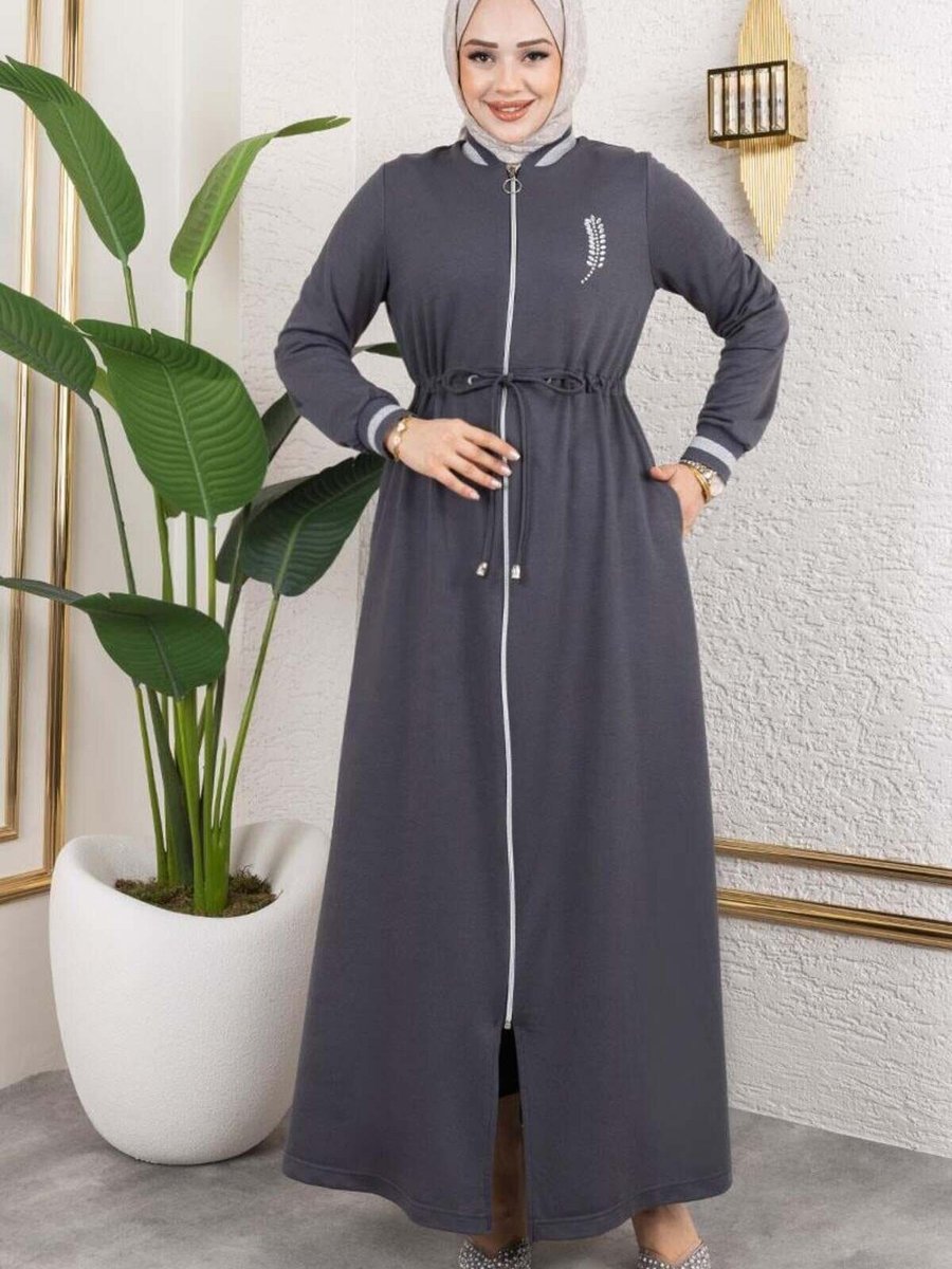 Mec Fashion Antrasit Taş Detaylı Ferace