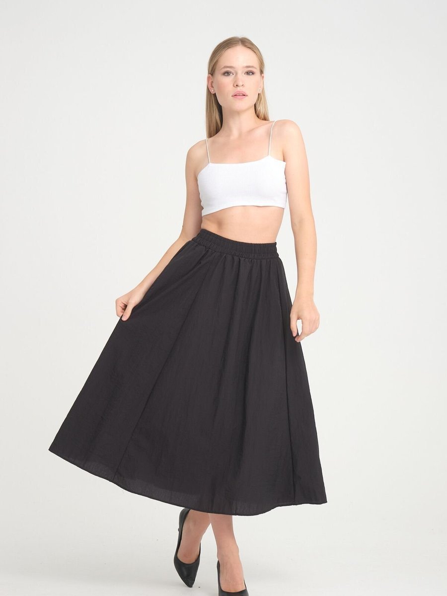 İLKCET MODA Siyah Uzun Paraşüt Kumaş Bol Kesim Etek