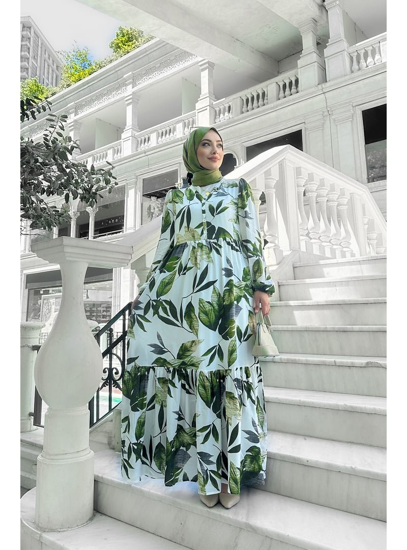 Liz Butik Yeşil Rüya Desenli Elbise