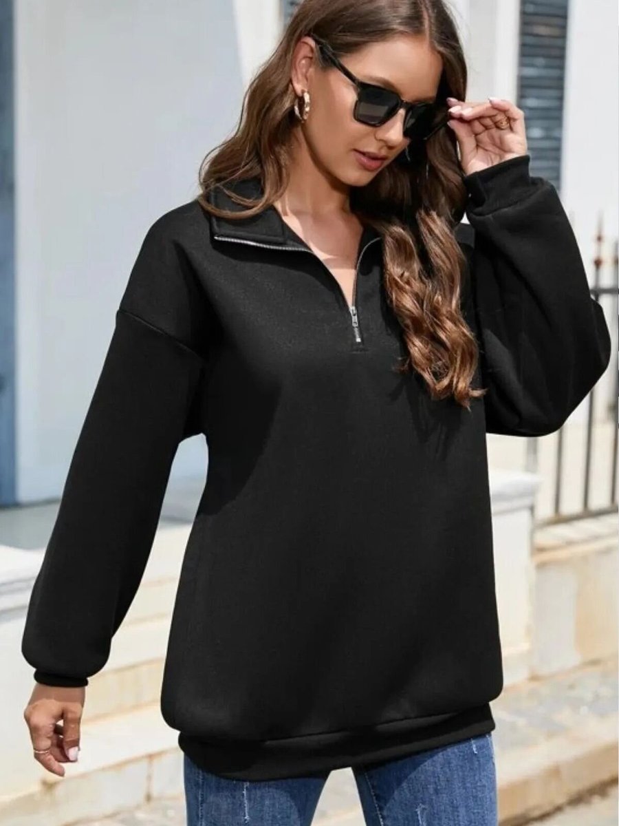 Swana Siyah Dik Yaka Fermuarlı İplik Şardonlu Sweatshirt