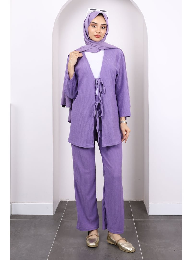 İmaj Butik Lila Ön Bağlamalı Bürümcük Kimono Pantolonlu Takım